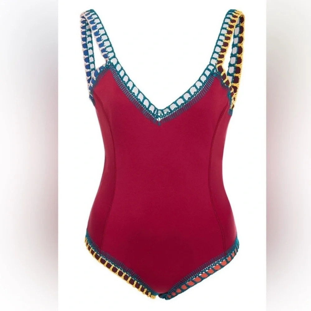 KIINI Red/Multicolored Soley Scoop Back Maillot Crochet One Piece Swimsuit NWT M